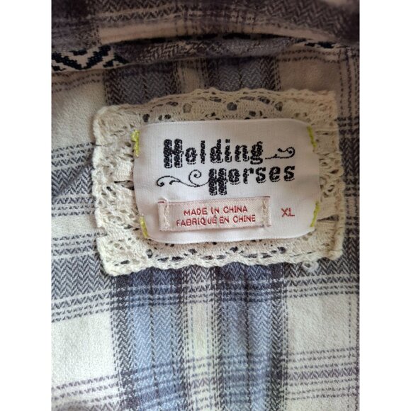 Holding Horses Womens XL Plaid Shirt Lace Back Boho Grunge Flannel Top - Picture 3 of 7